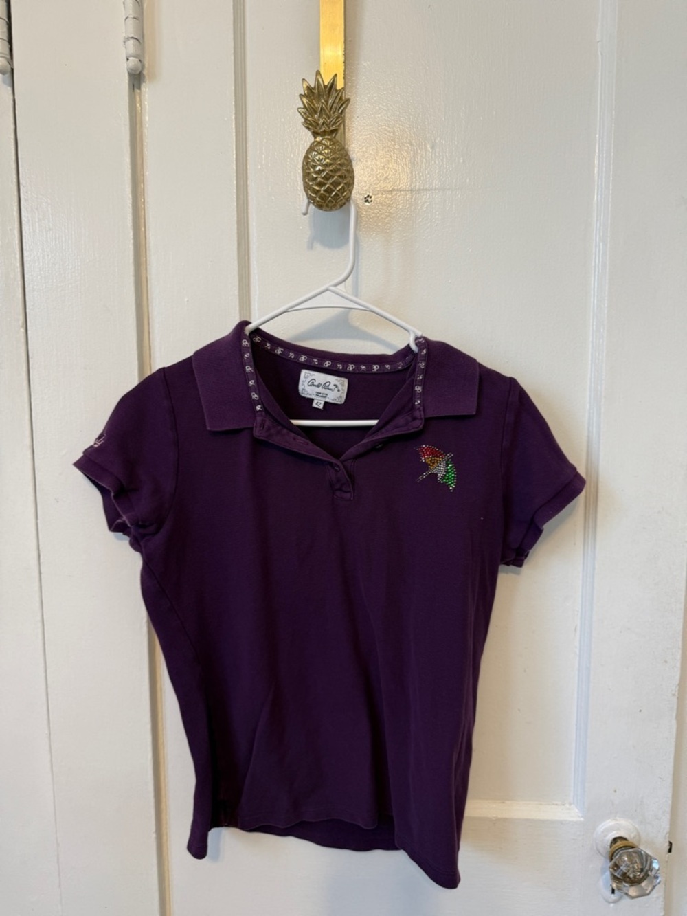 purple short sleeve polo top with bird embroidery - Casual Comfort